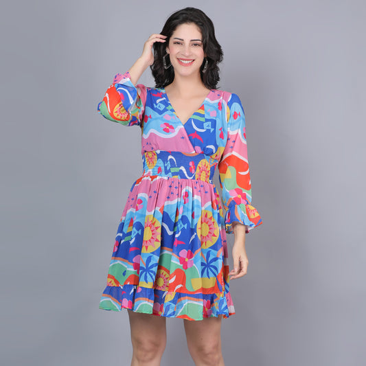 Women Blue Printed Flared Dress