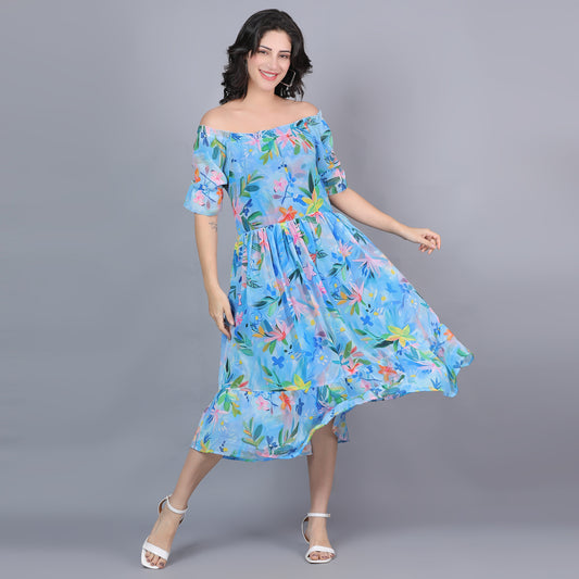 Women Blue Printed Flared Dress