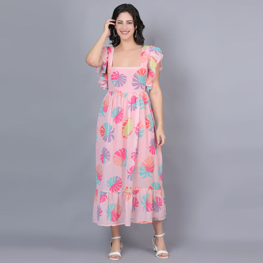 Women Peach Printed Flared Dress