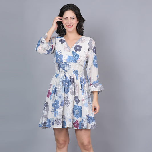 Women White & Blue Printed Flared Dress