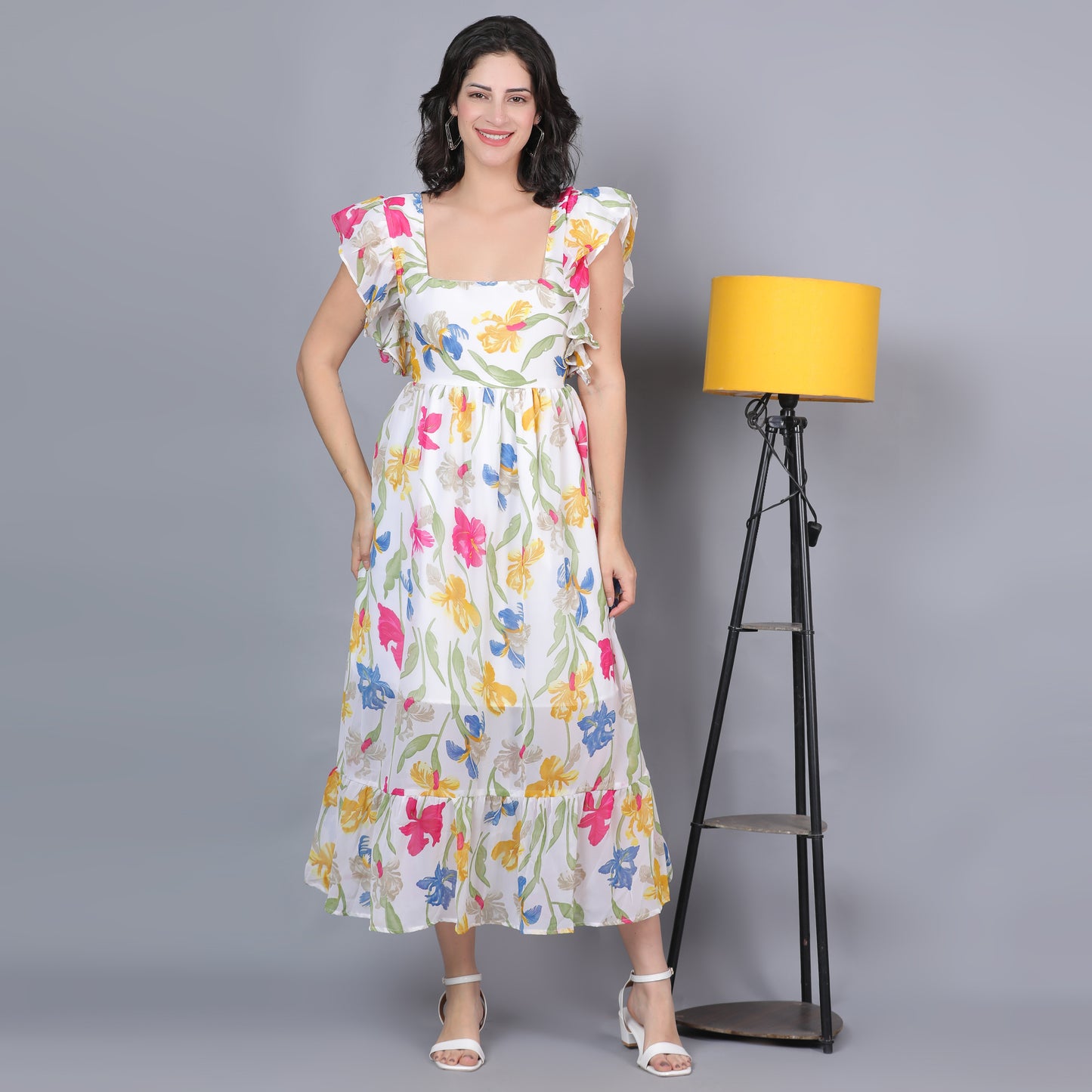 Women White & Yellow Printed Flared Dress