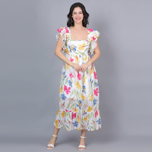 Women White & Yellow Printed Flared Dress