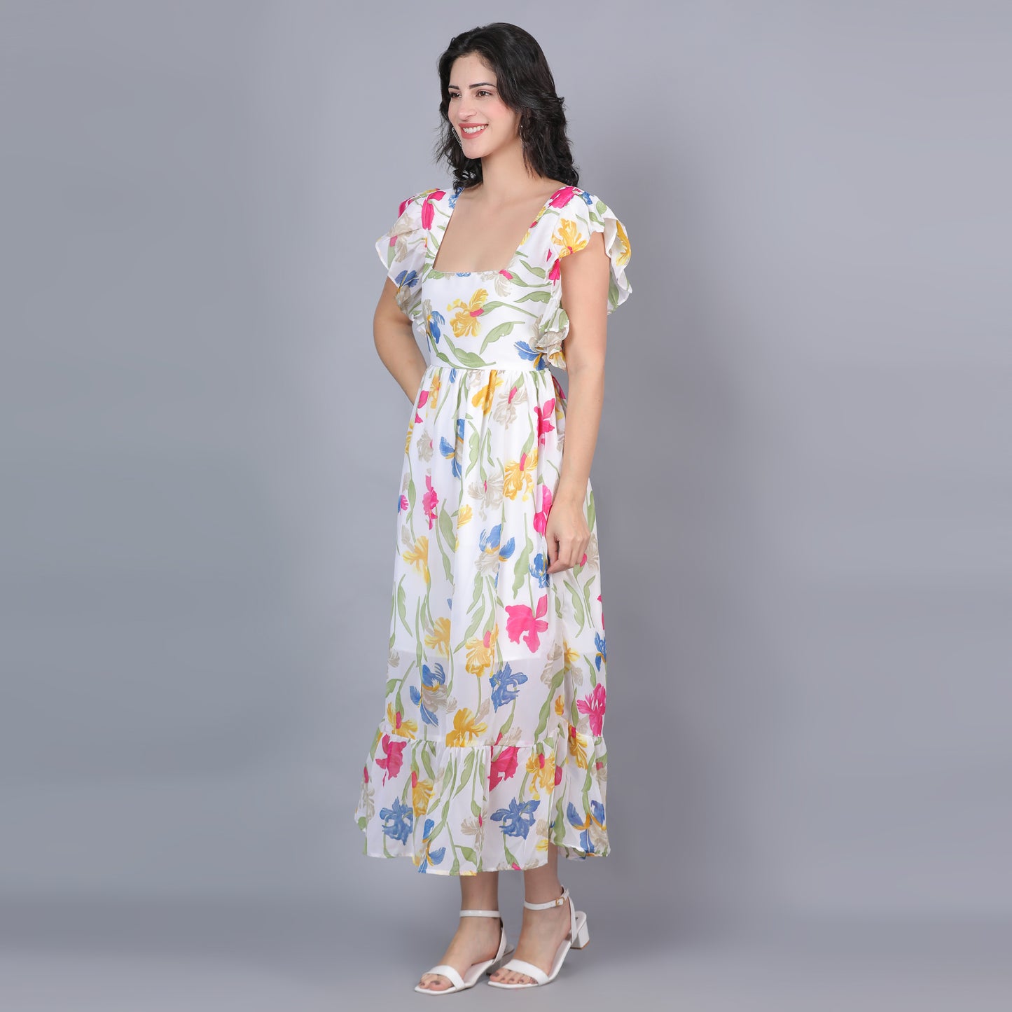 Women White & Yellow Printed Flared Dress