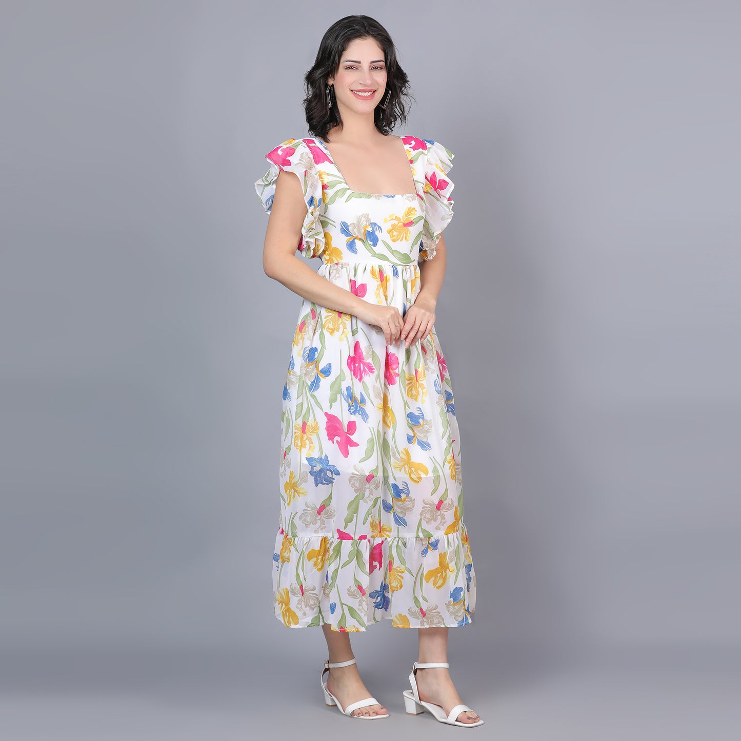 Women White & Yellow Printed Flared Dress