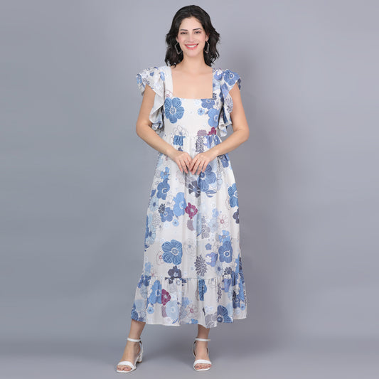Women White & Blue Printed Flared Dress