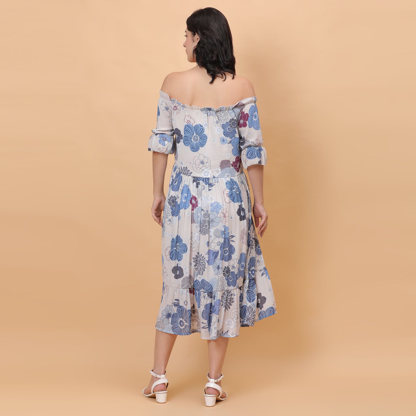 Women White & Blue Printed Flared Dress