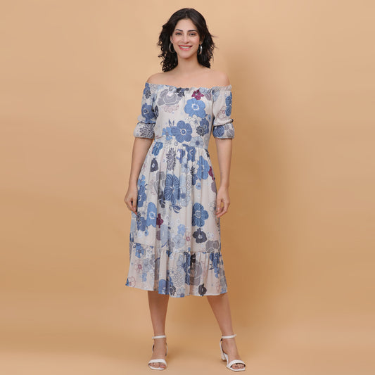 Women White & Blue Printed Flared Dress