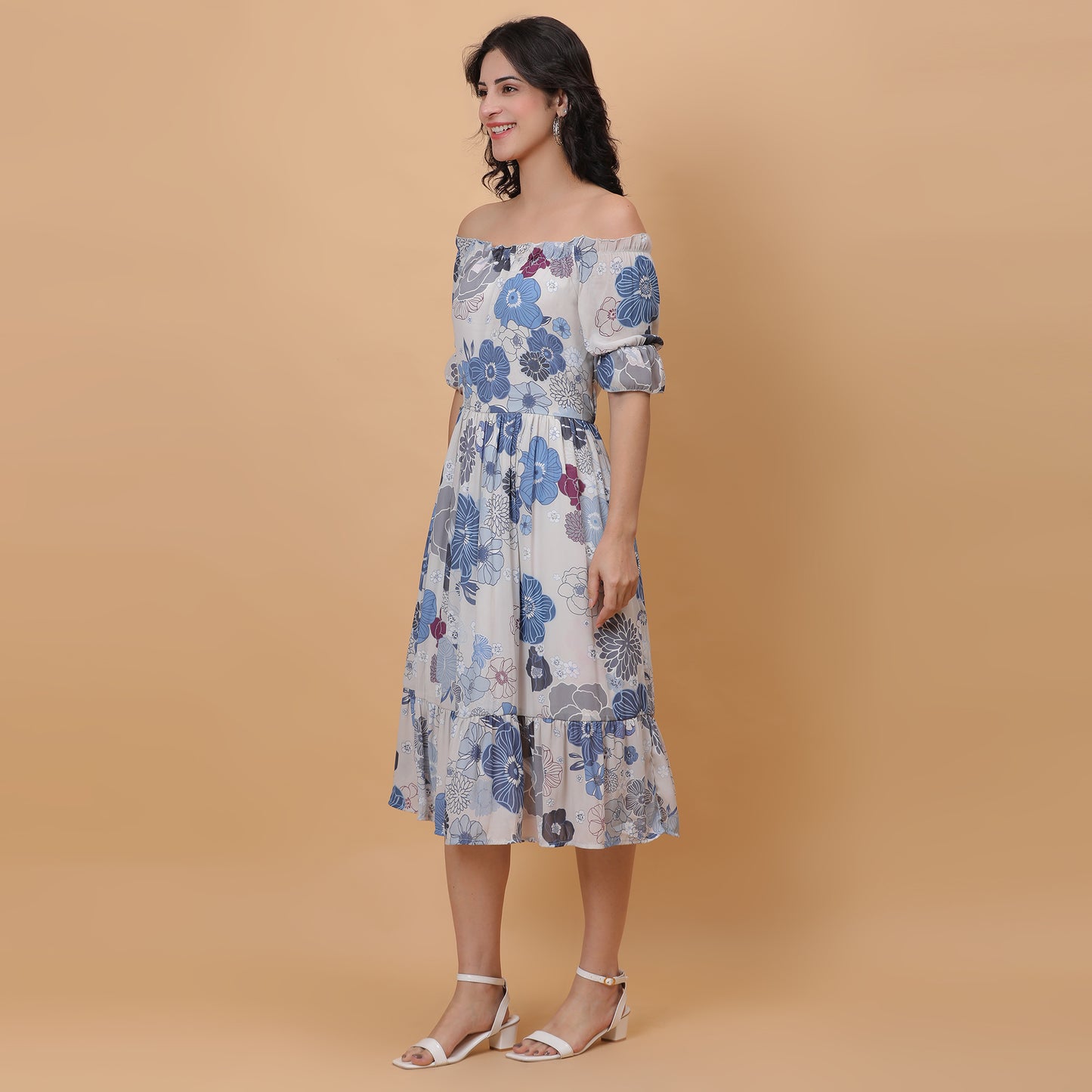 Women White & Blue Printed Flared Dress