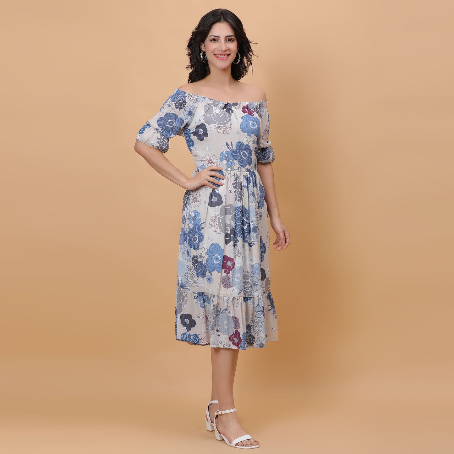 Women White & Blue Printed Flared Dress