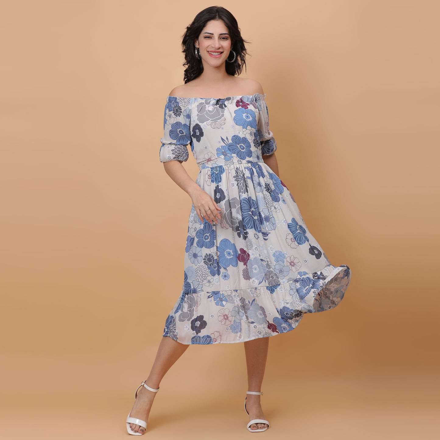 Women White & Blue Printed Flared Dress