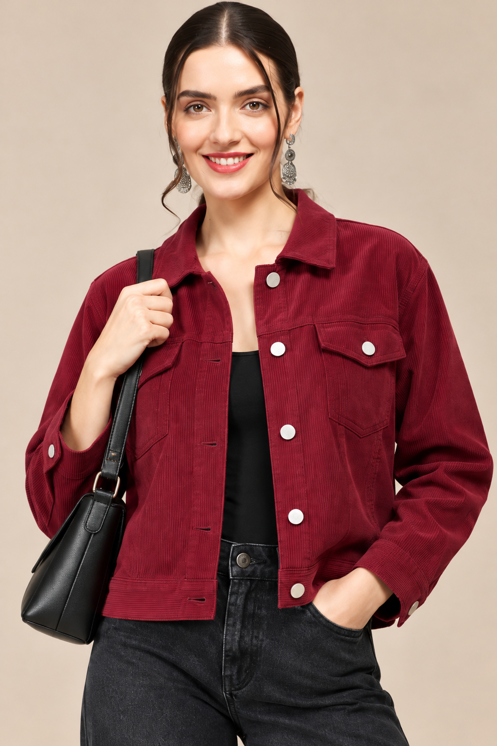 Women’s Solid Cotrise Button Down Winter Jacket