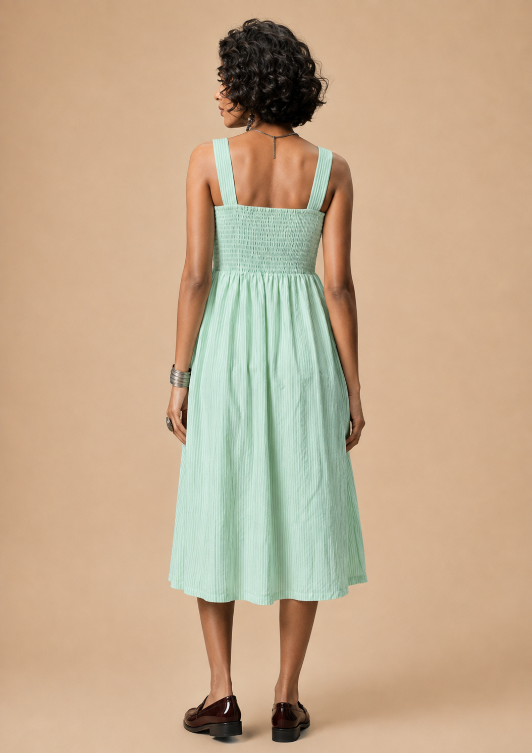 Women Light Green Cotton Striped Flared Dress