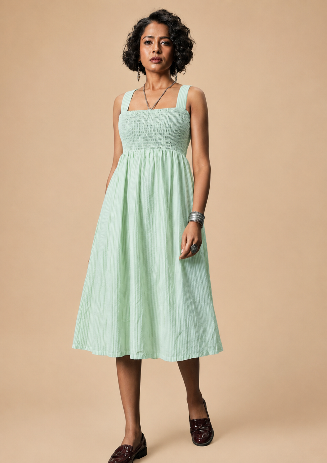Women Light Green Cotton Striped Flared Dress
