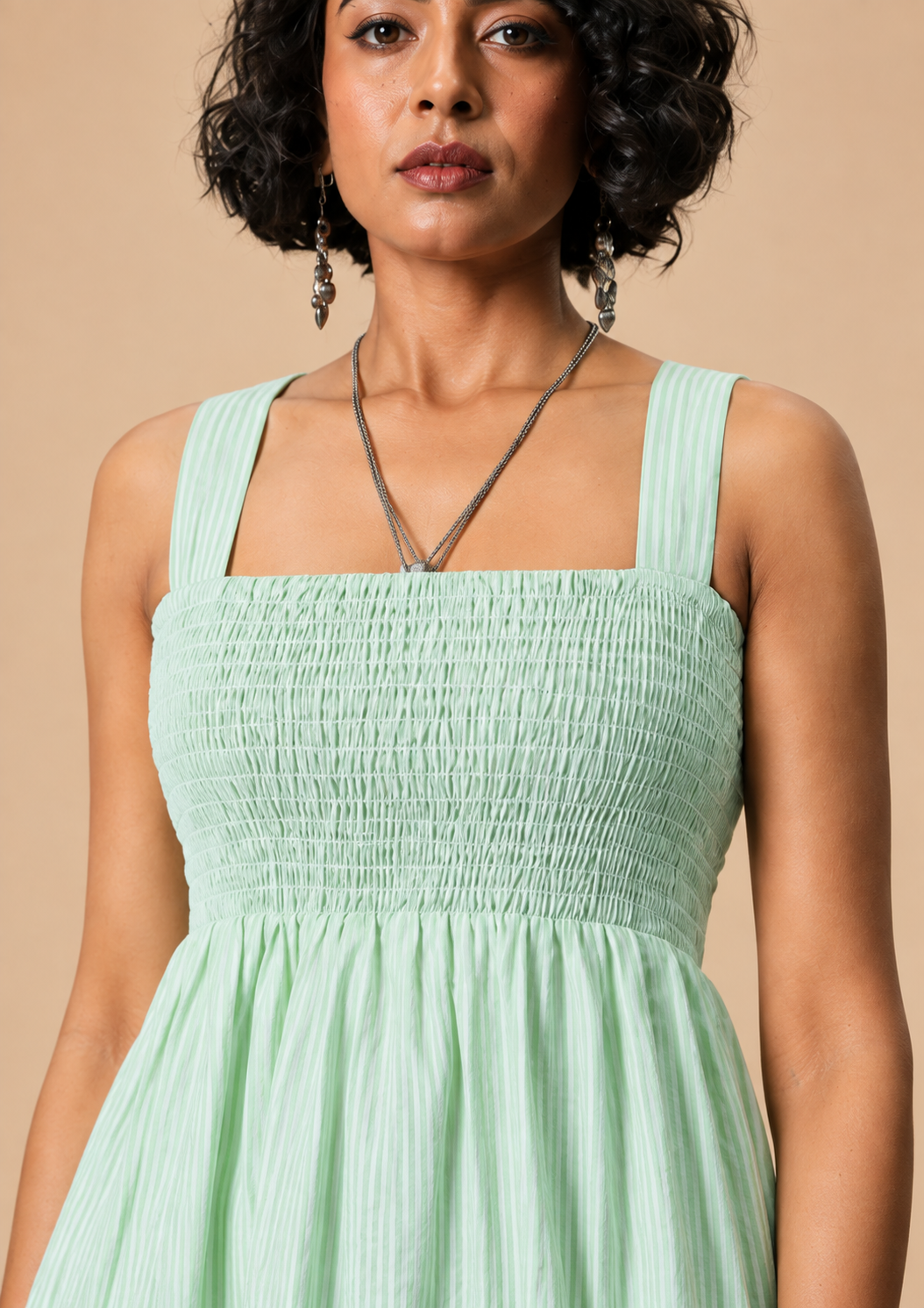 Women Light Green Cotton Striped Flared Dress