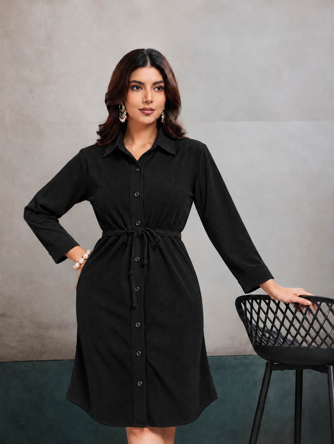 Women’s Solid Cotrise Tie-Up Winter Dress