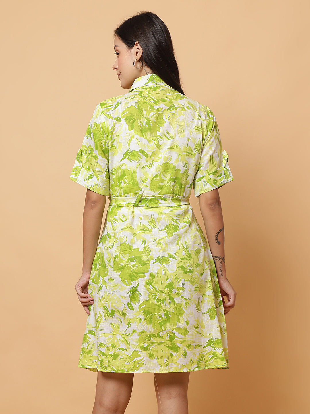 Women Green Floral Shirt Style Dress