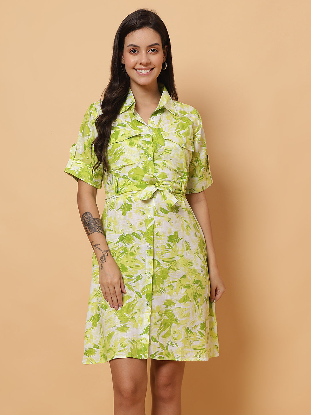 Women Green Floral Shirt Style Dress