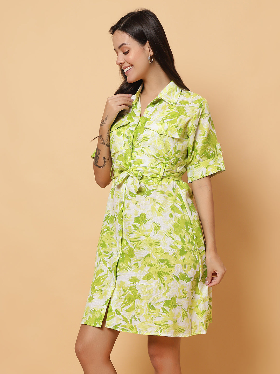 Women Green Floral Shirt Style Dress