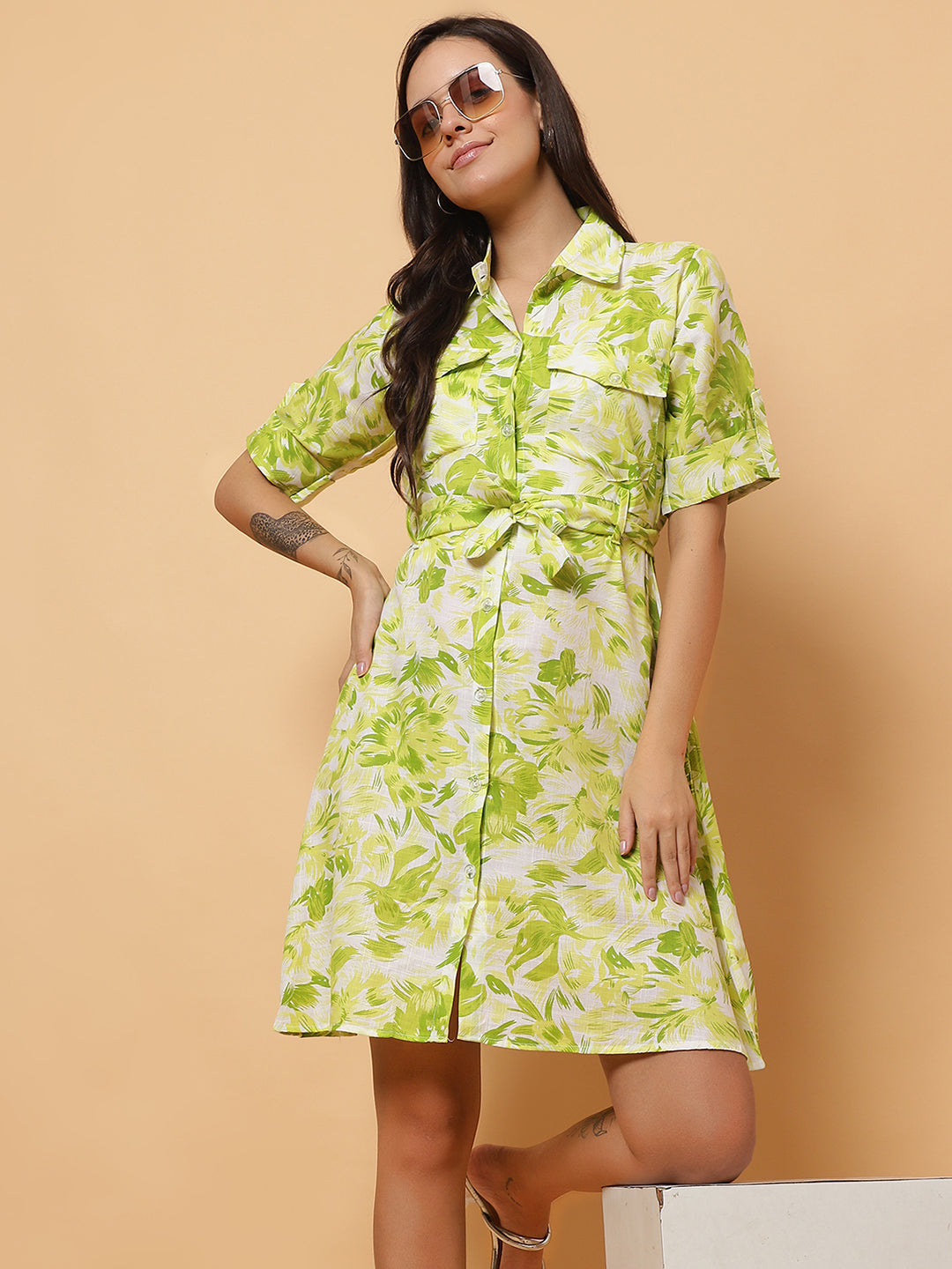 Women Green Floral Shirt Style Dress