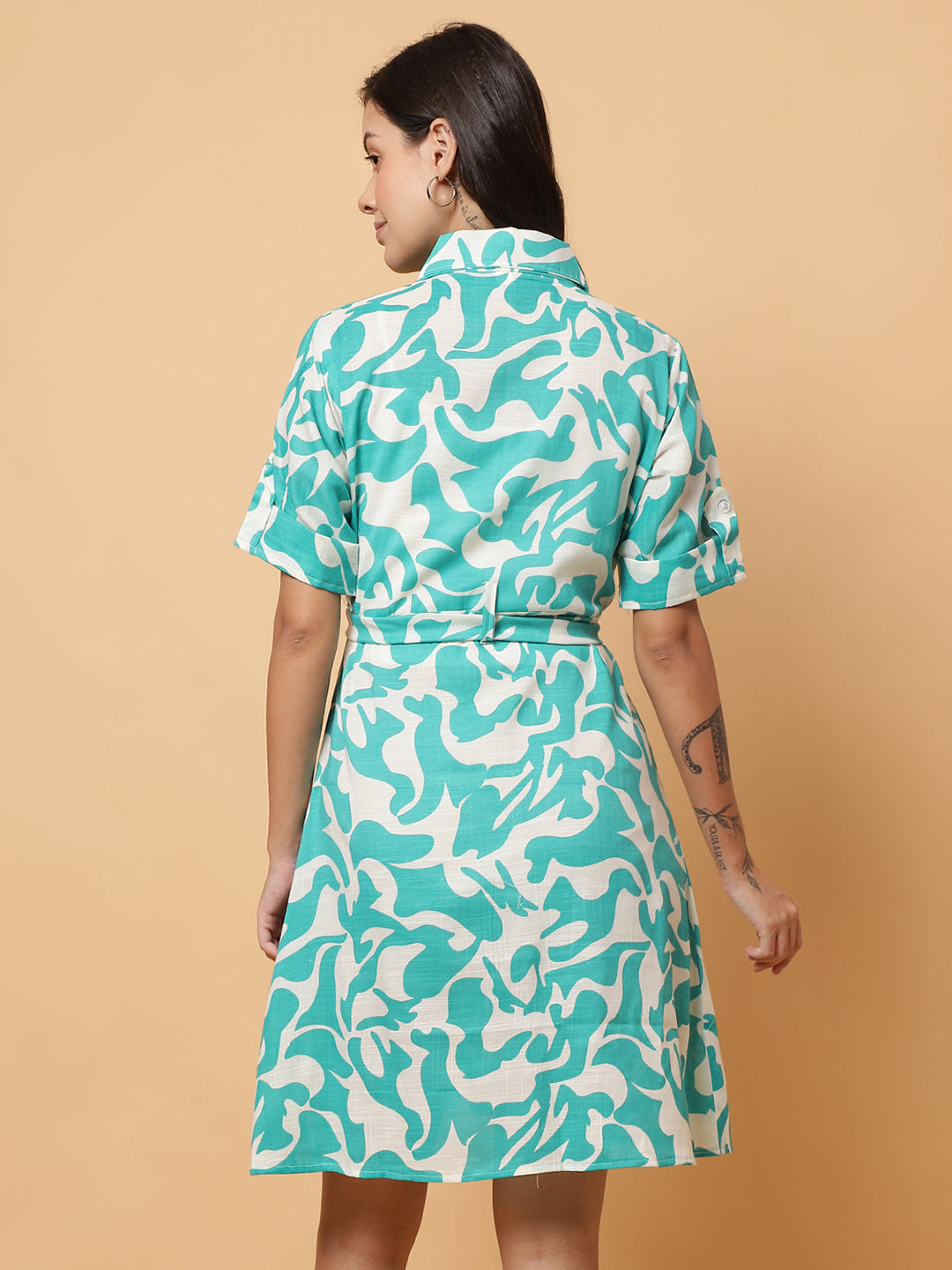 Women Green Printed Shirt Style Dress