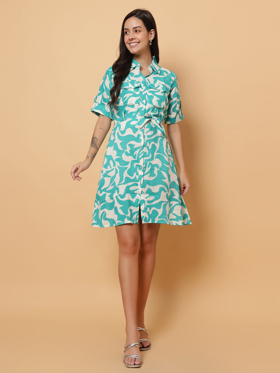 Women Green Printed Shirt Style Dress