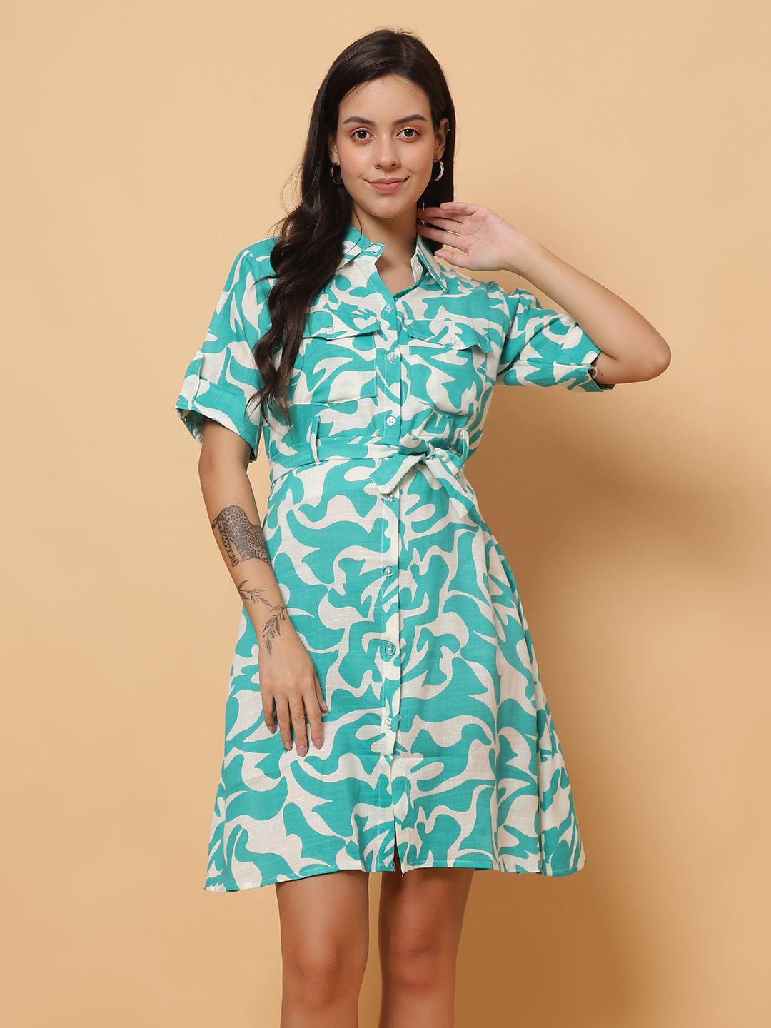 Women Green Printed Shirt Style Dress
