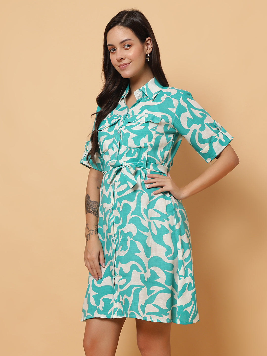 Women Green Printed Shirt Style Dress