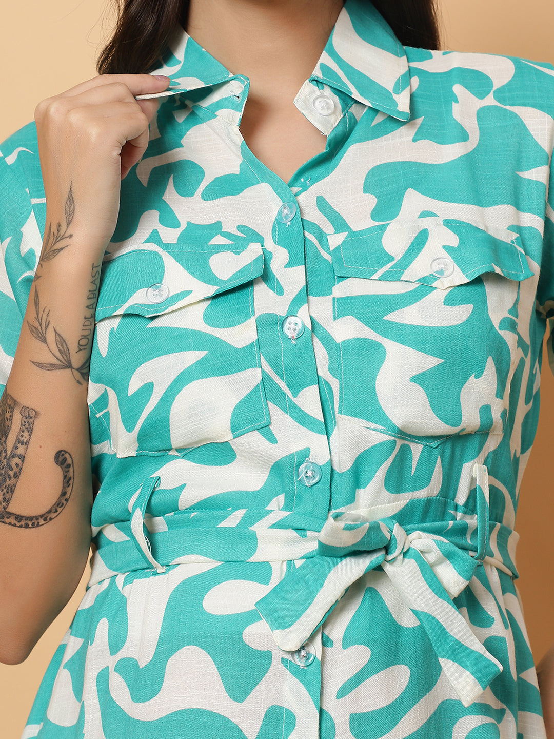 Women Green Printed Shirt Style Dress