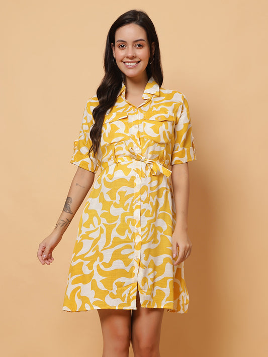 Women Yellow Printed Shirt Style Dress