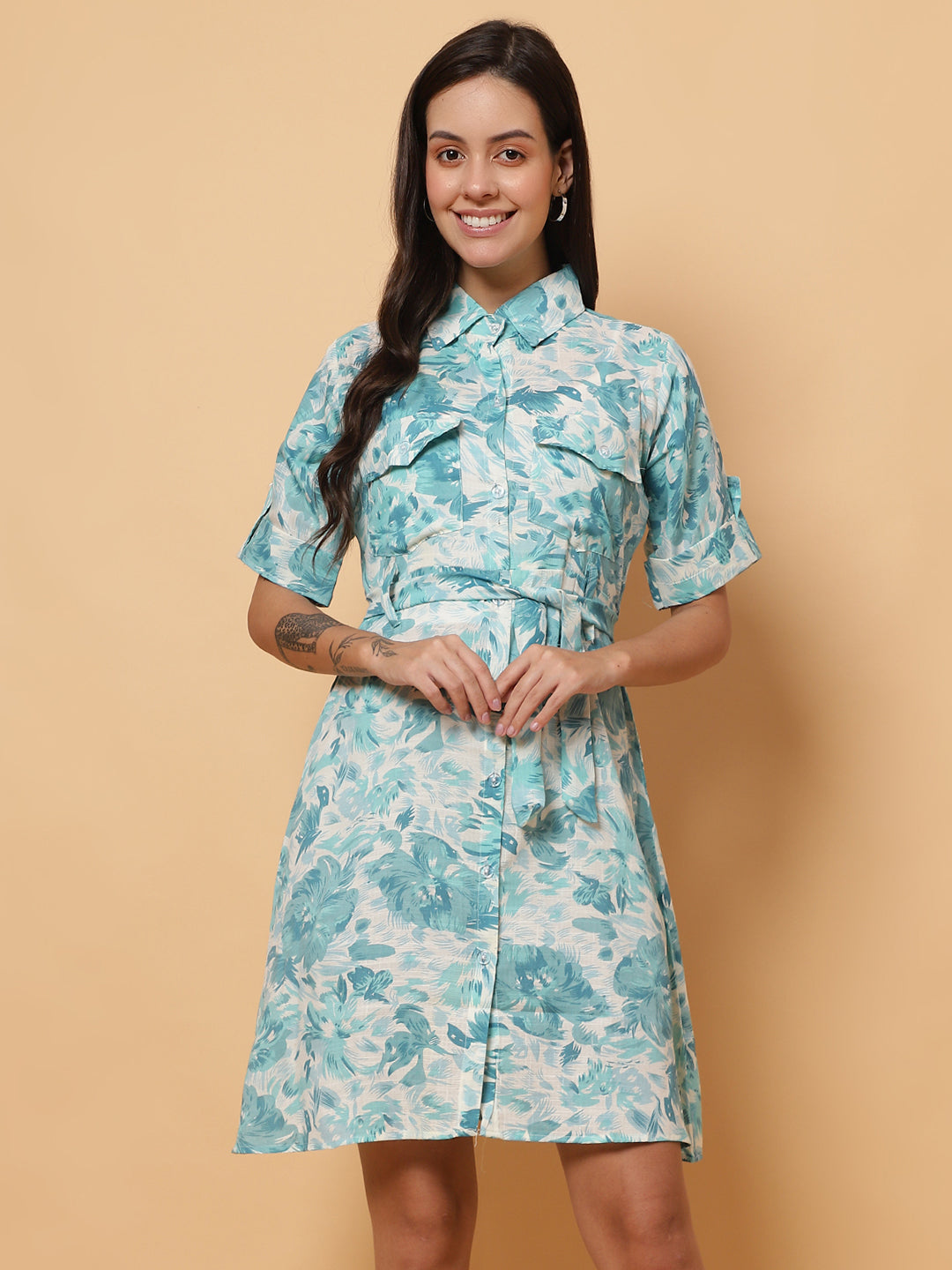 Women Blue Floral Shirt Style Dress