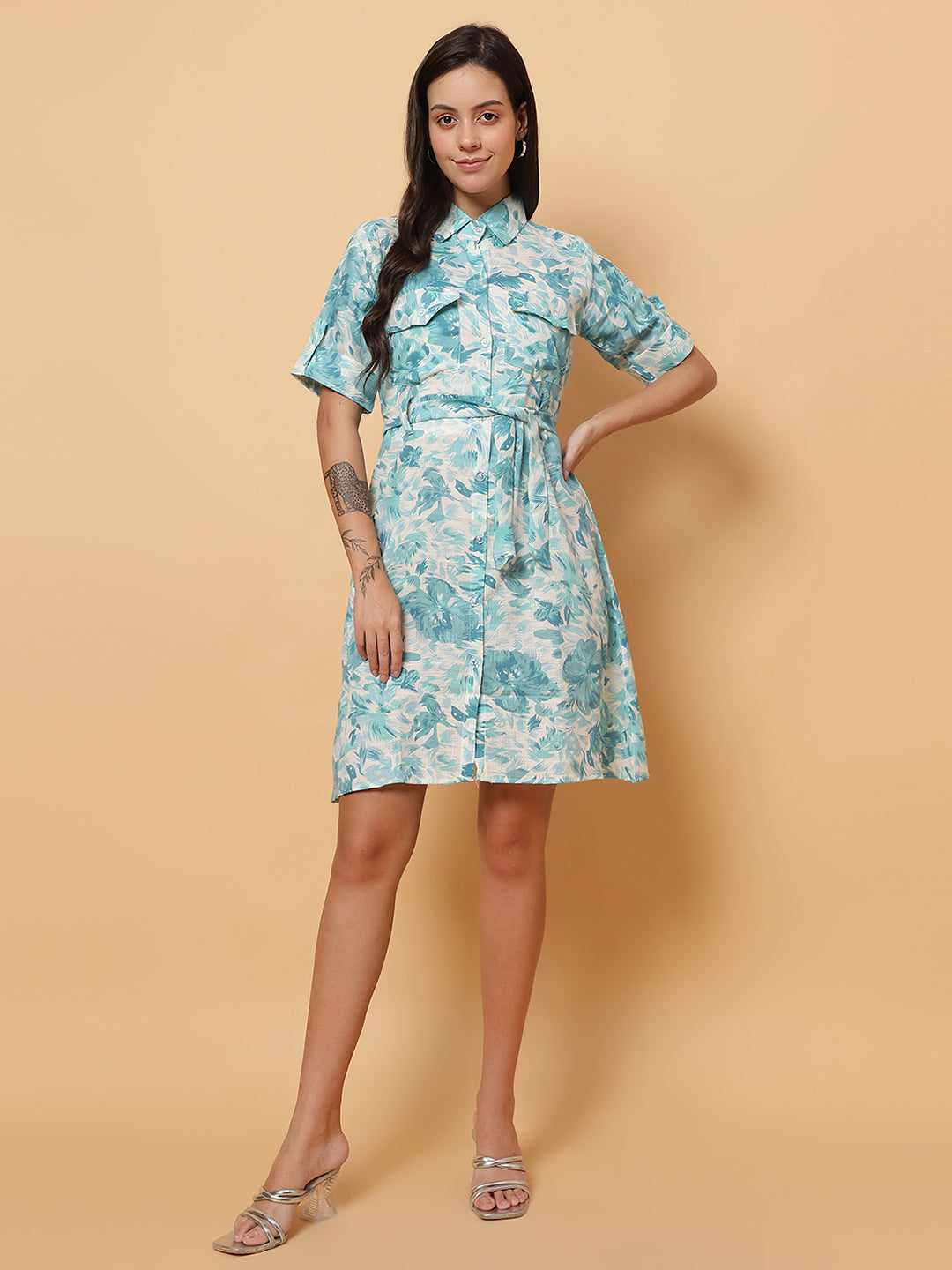 Women Blue Floral Shirt Style Dress