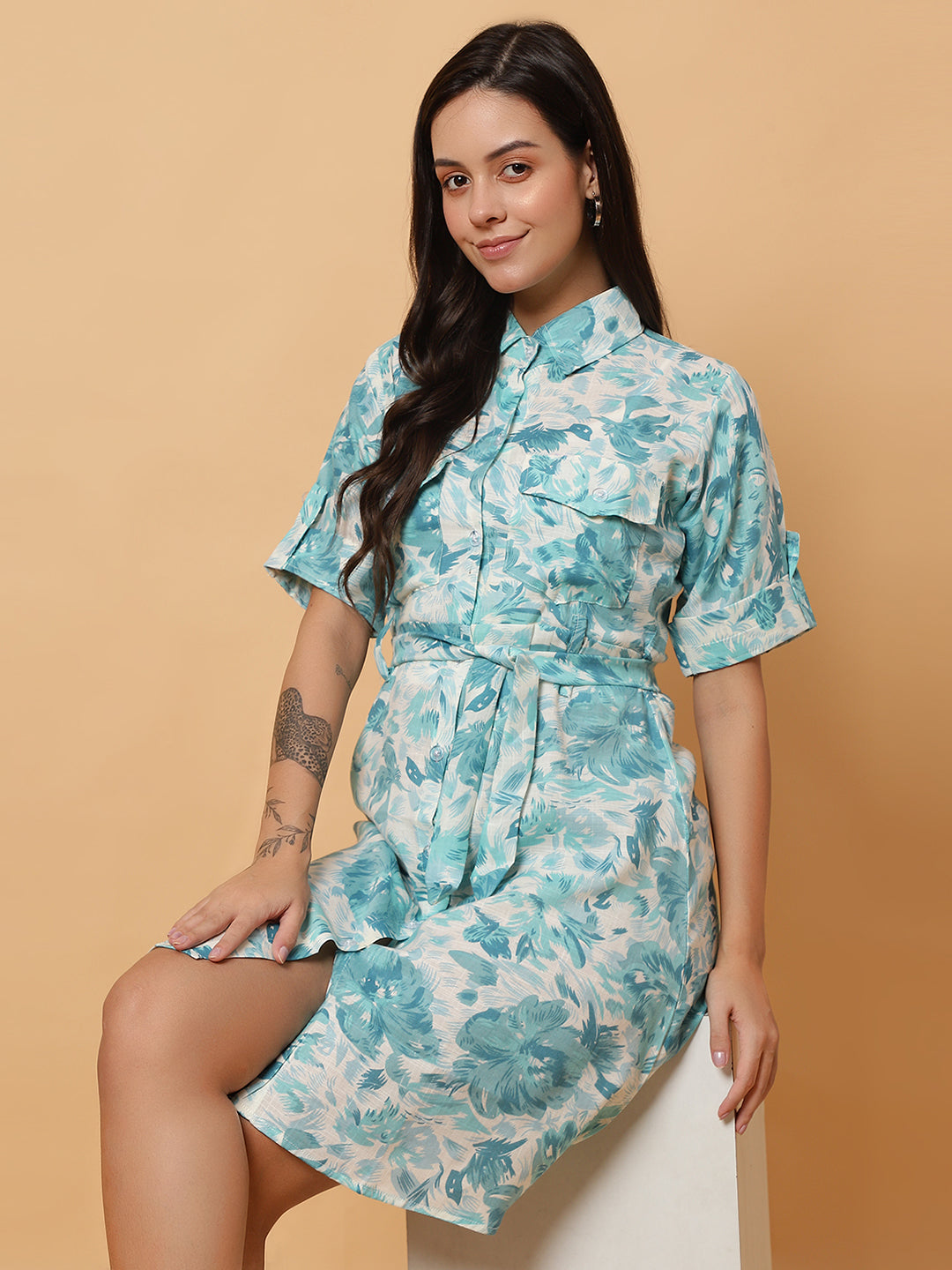 Women Blue Floral Shirt Style Dress