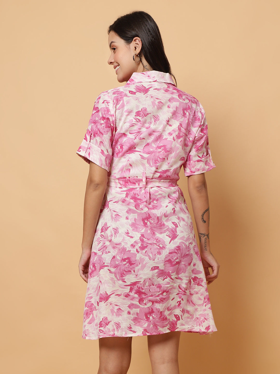 Women Pink Floral Shirt Style Dress