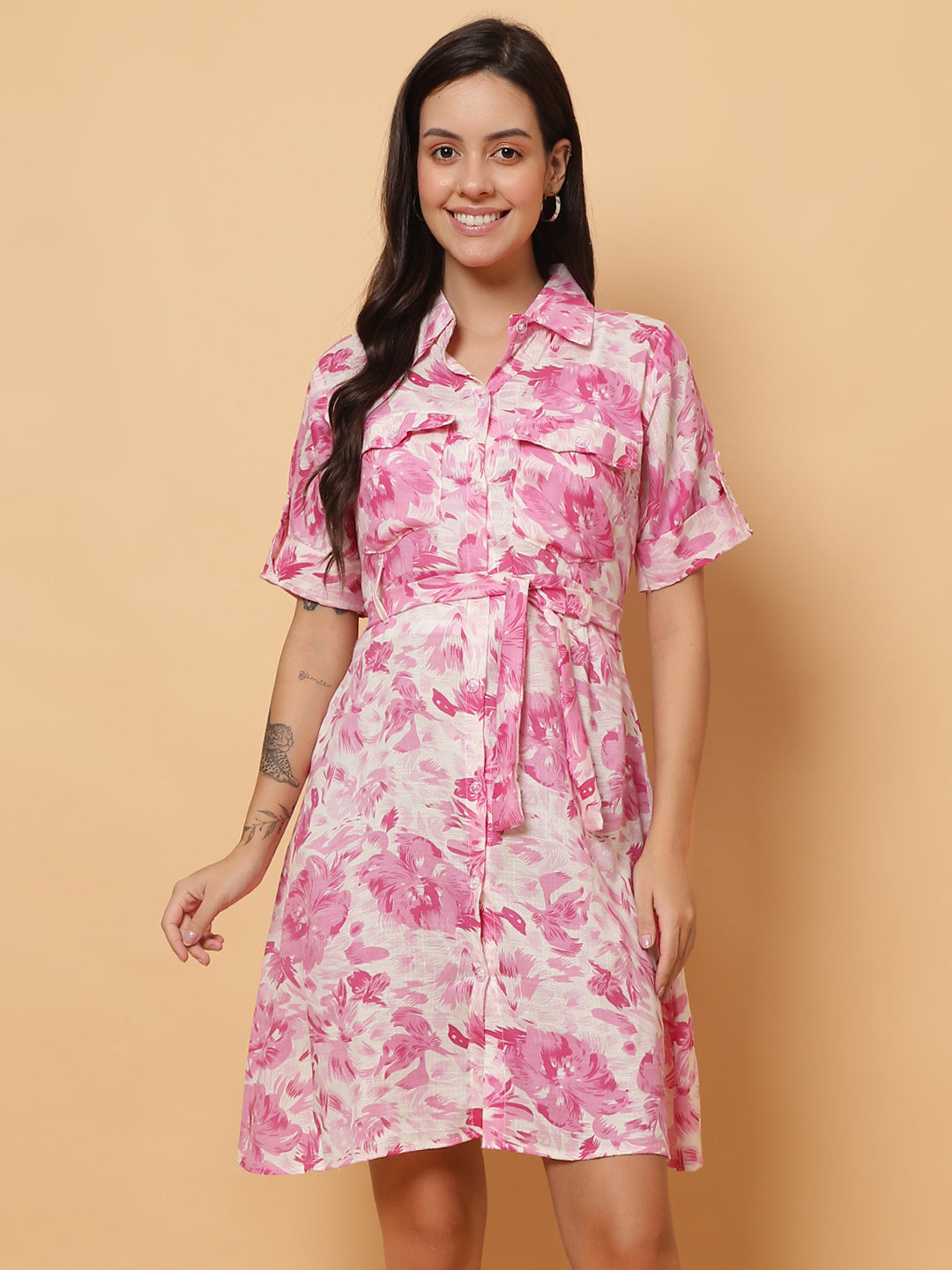 Women Pink Floral Shirt Style Dress