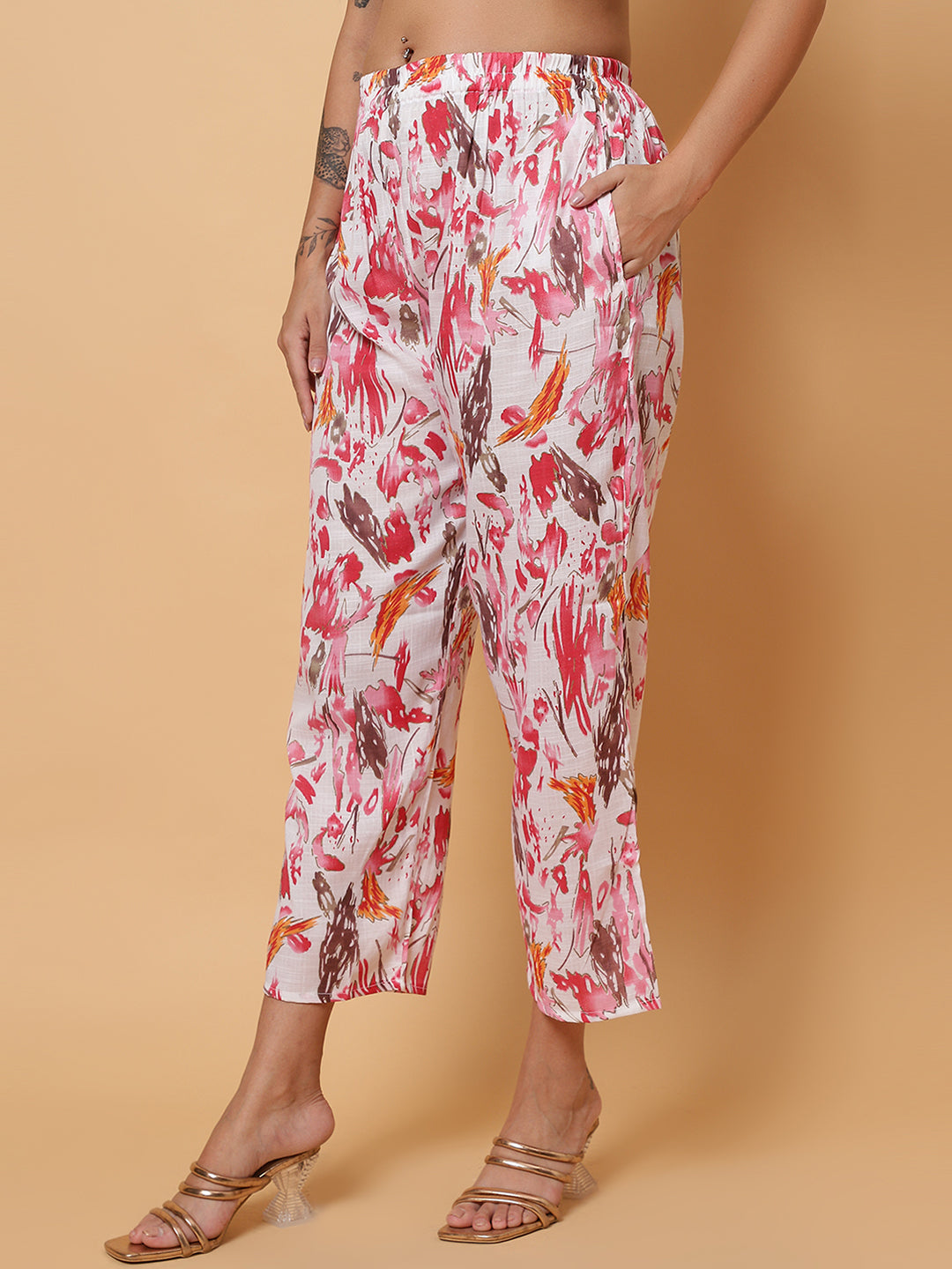 Women Red Abstract Printed Shirt Style Co-Ords (Copy)