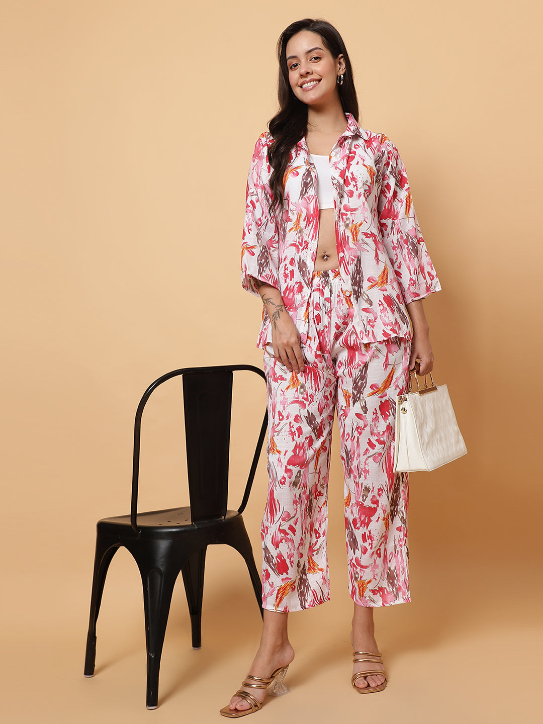 Women Red Abstract Printed Shirt Style Co-Ords (Copy)