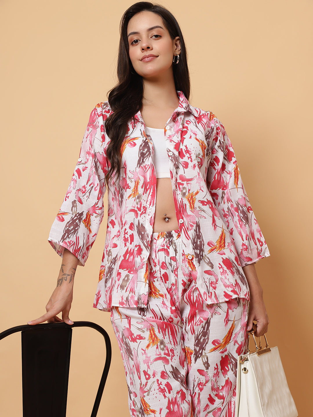 Women Red Abstract Printed Shirt Style Co-Ords (Copy)