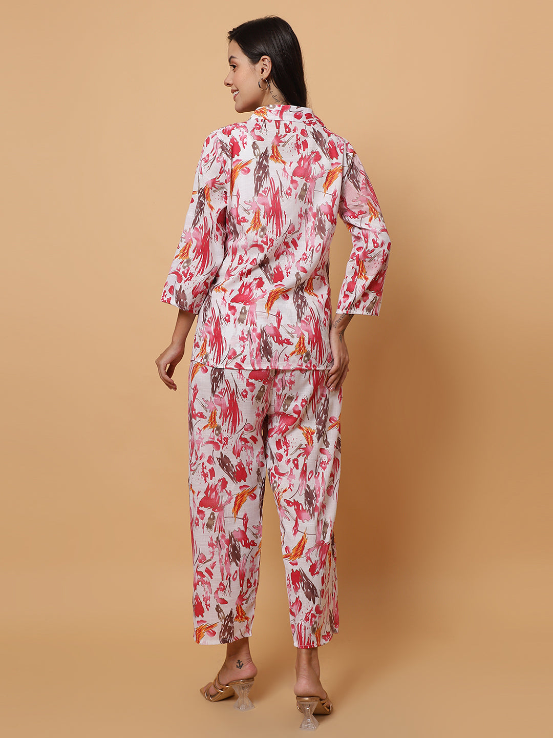 Women Red Abstract Printed Shirt Style Co-Ords (Copy)