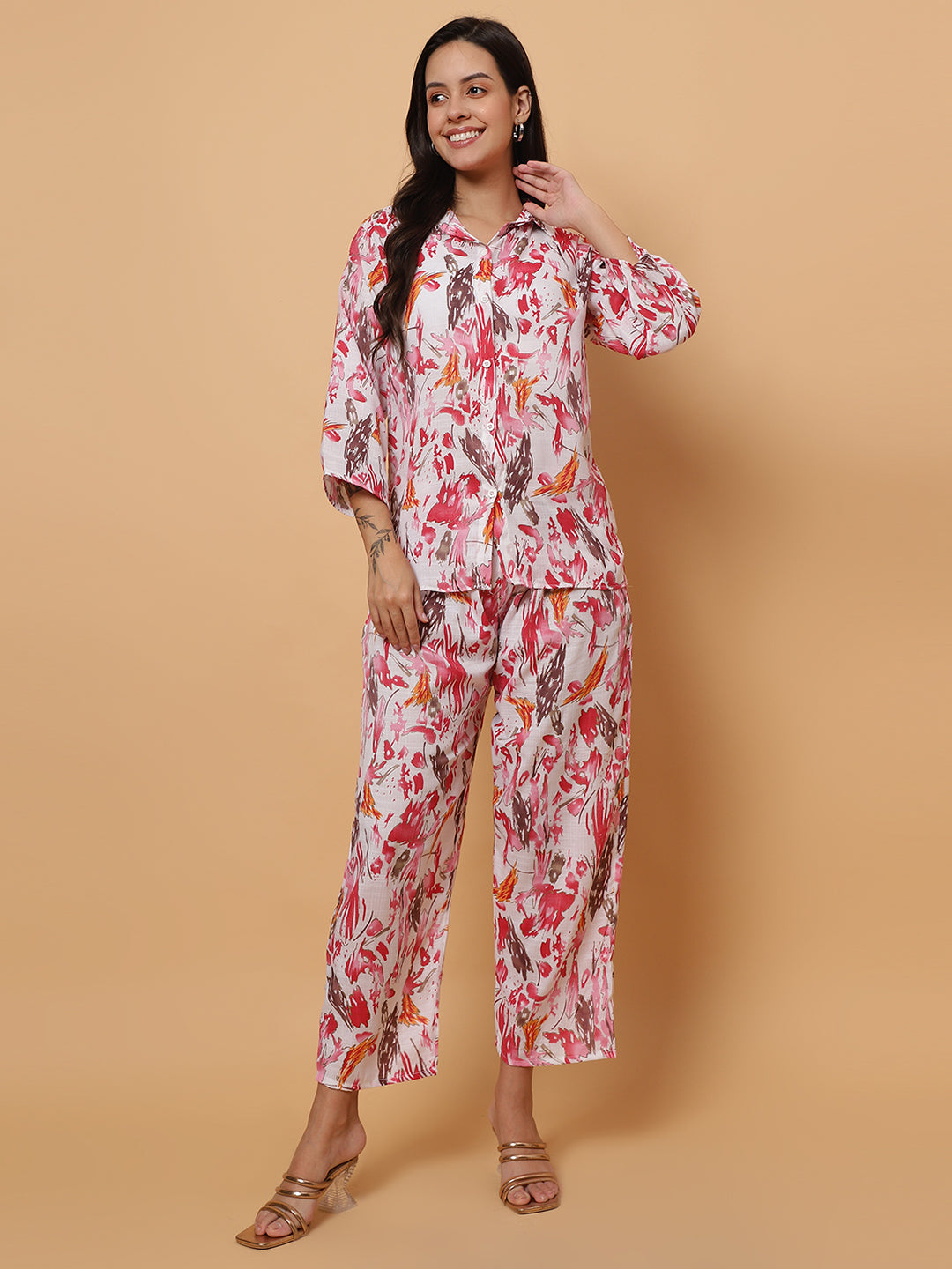 Women Red Abstract Printed Shirt Style Co-Ords (Copy)