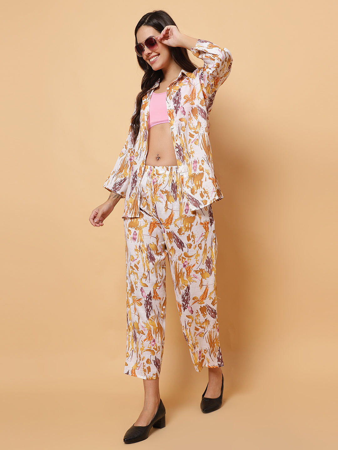 Women Yellow Abstract Printed Shirt Style Co-Ords (Copy)