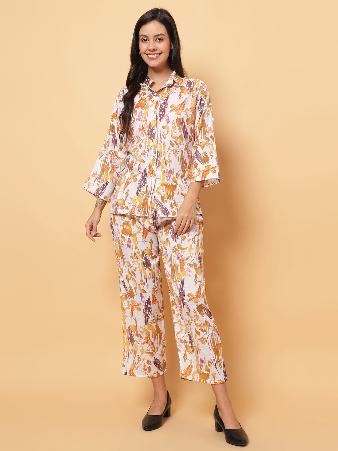 Women Yellow Abstract Printed Shirt Style Co-Ords (Copy)