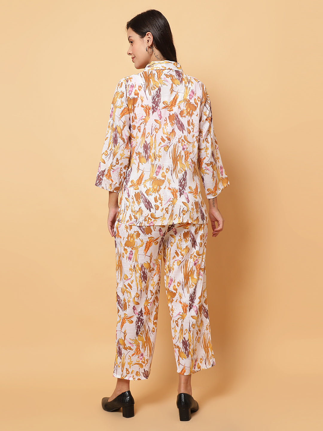 Women Yellow Abstract Printed Shirt Style Co-Ords (Copy)