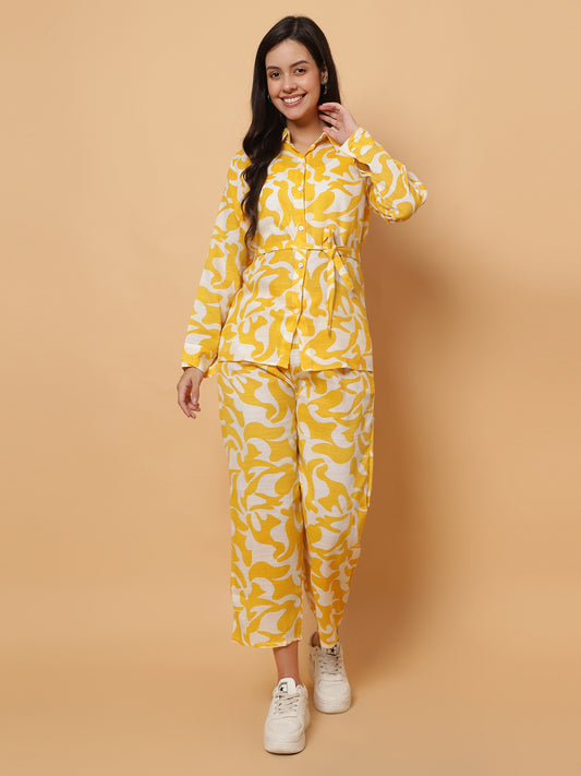 Women Yellow Printed Shirt Style Co-Ords