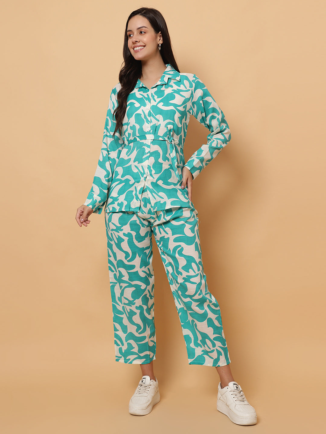 Women Green Printed Shirt Style Co-Ords