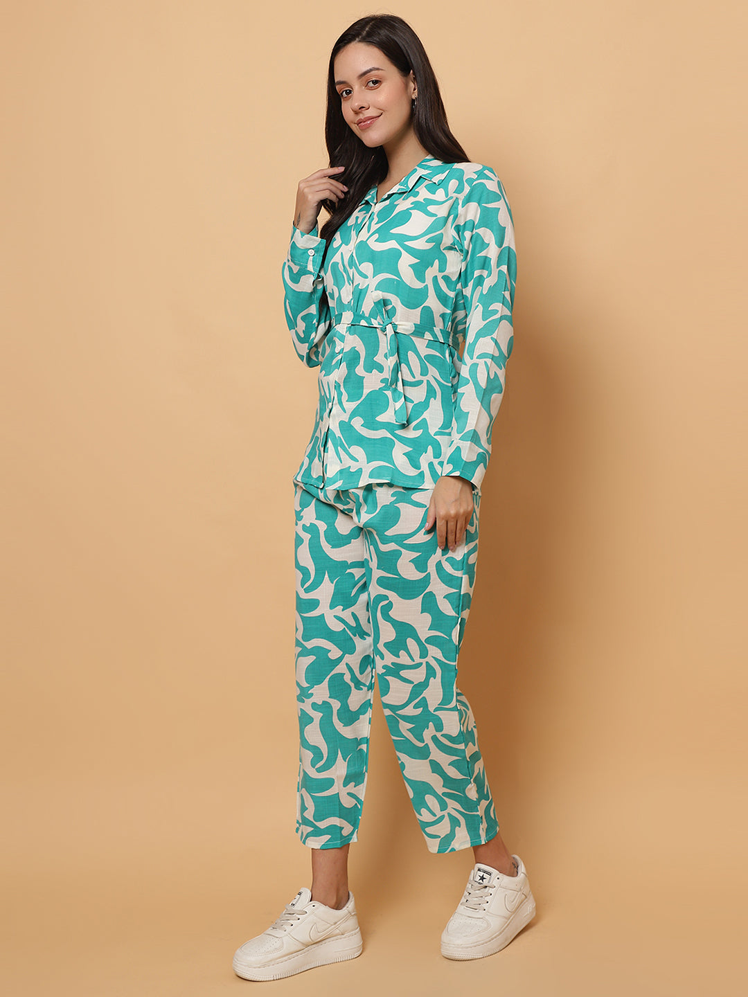 Women Green Printed Shirt Style Co-Ords