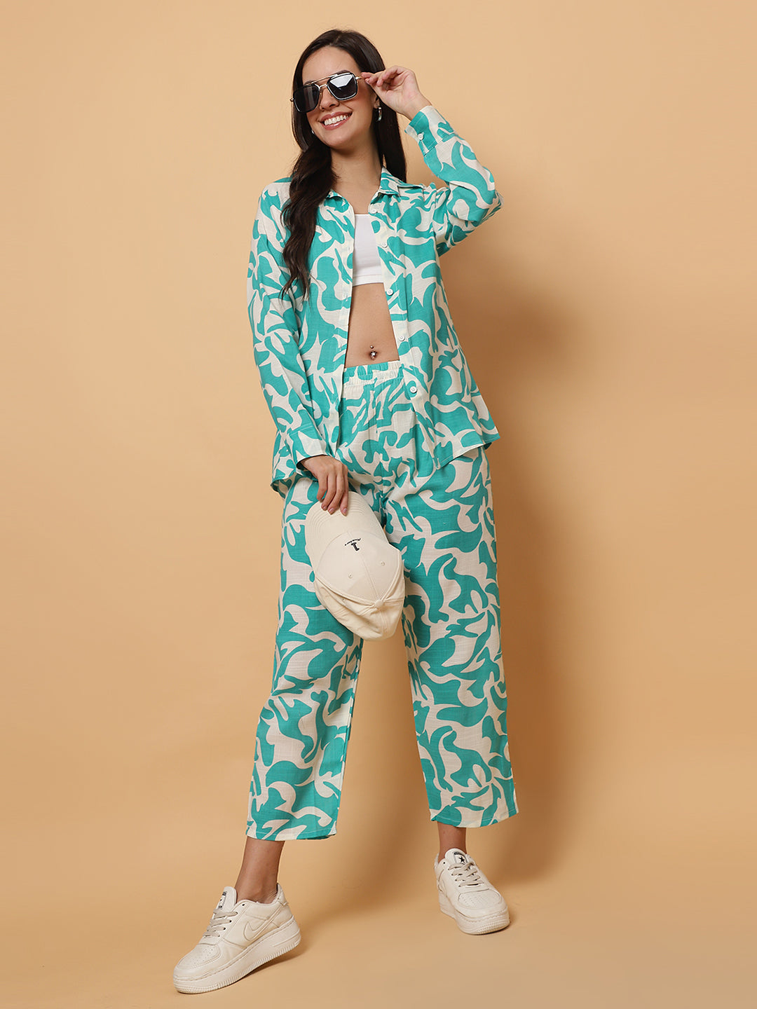 Women Green Printed Shirt Style Co-Ords