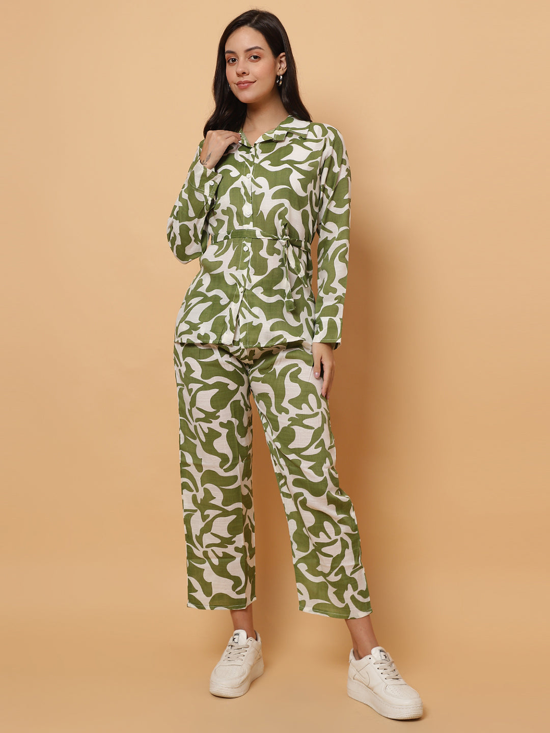 Women Green Printed Shirt Style Co-Ords