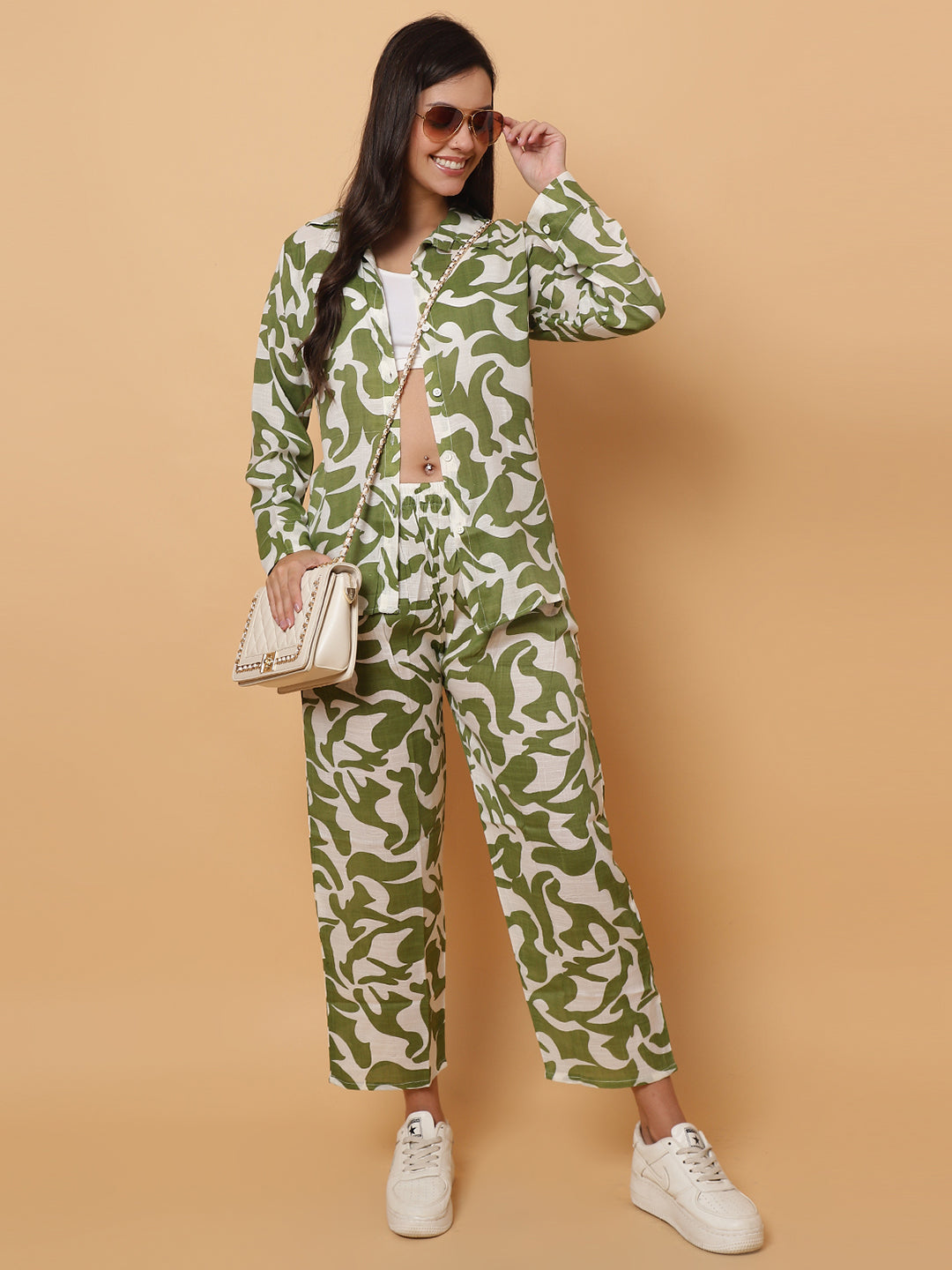 Women Green Printed Shirt Style Co-Ords
