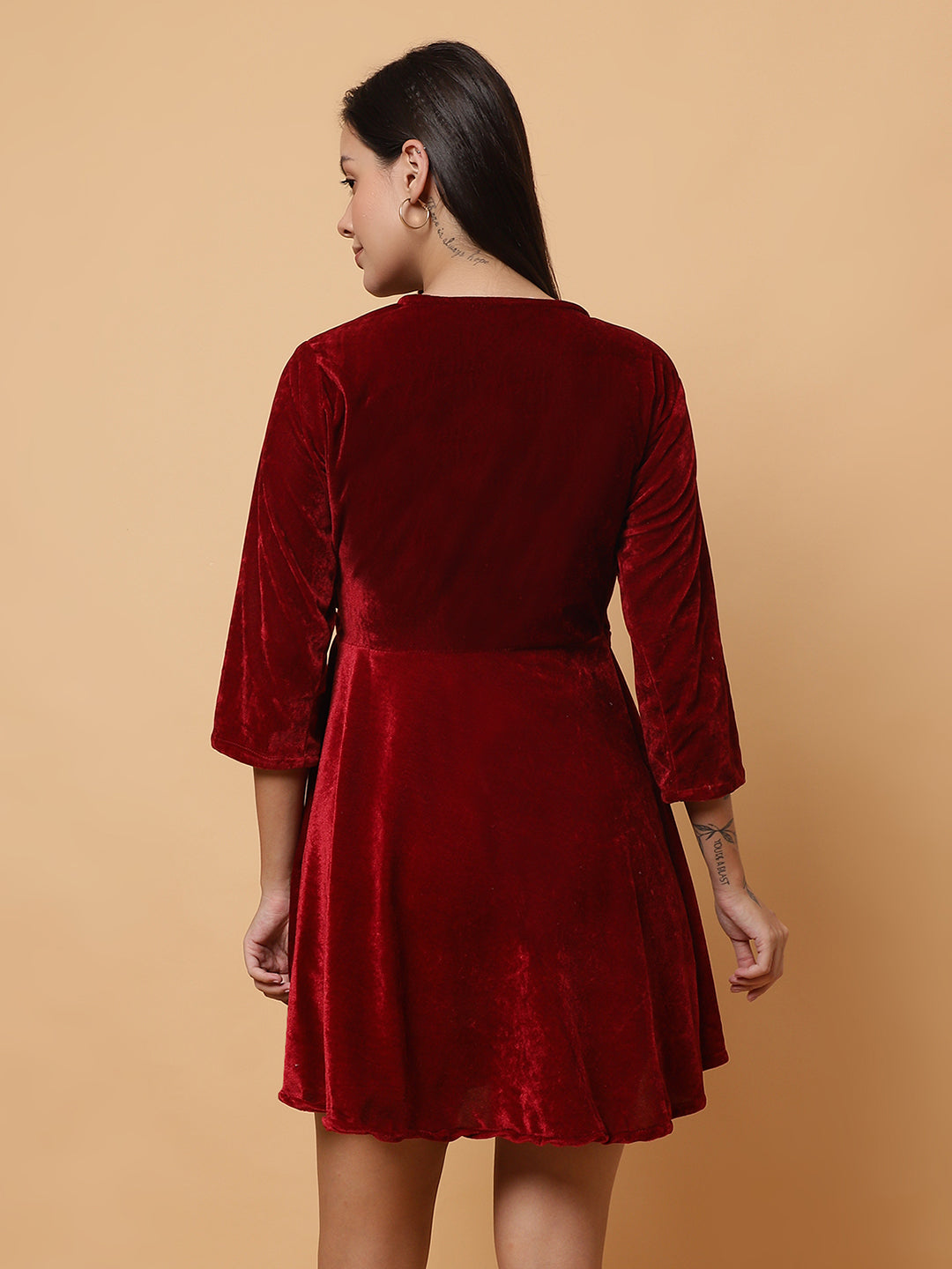 Women Maroon Velvet V-Neck Short Dress