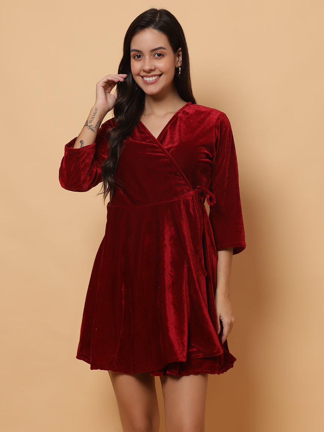 Women Maroon Velvet V-Neck Short Dress